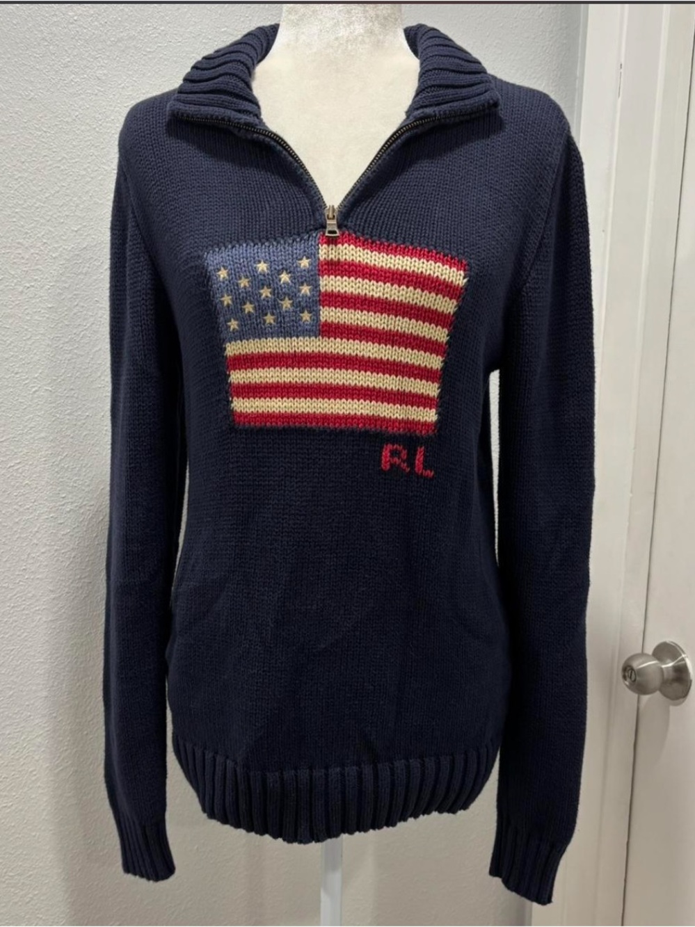 Polo by Ralph Lauren Navy Knit Half-Zip with American Flag Logo - Picture 2 of 4